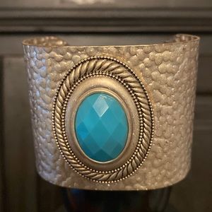 Vintage 2.5" Mexican Silver cuff with aquamarine faux stone